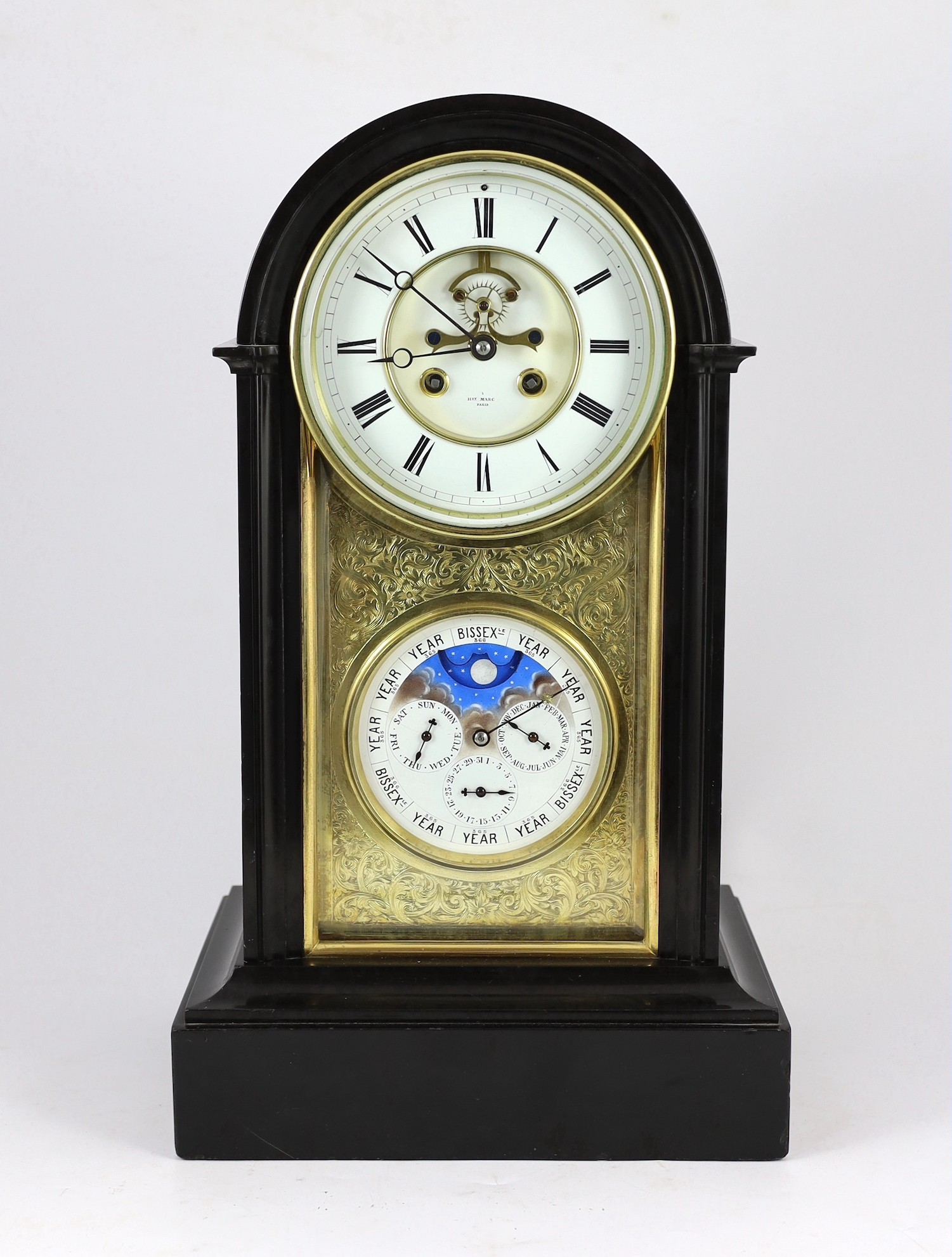 Henri Marc, Paris. A 19th century French arched top black marble mantel clock with perpetual calendar, width 28.5cm depth 20cm height 49cm